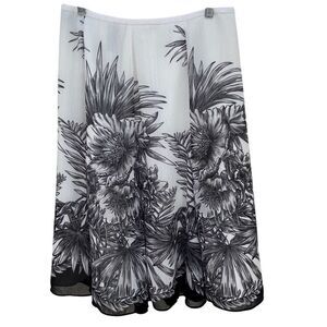 Jones Wear Midi Skirt Women's Size 8 White Gray Floral A-line Semi-Sheer Lined